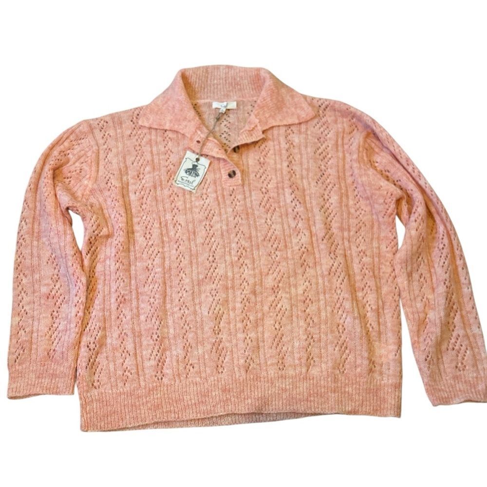 NWT Easel Women’s 1/4 Button LS Open Knit Sweater Peach Feminine Size Large